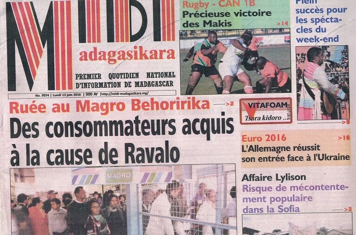 A la une de Midi Madagasikara, presse malgache
